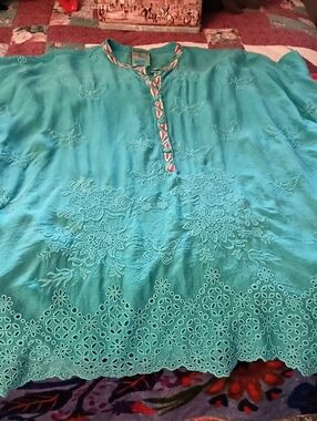 Oversized S Johnny Was Fiyori Embroidered Poncho Top Lake Blue